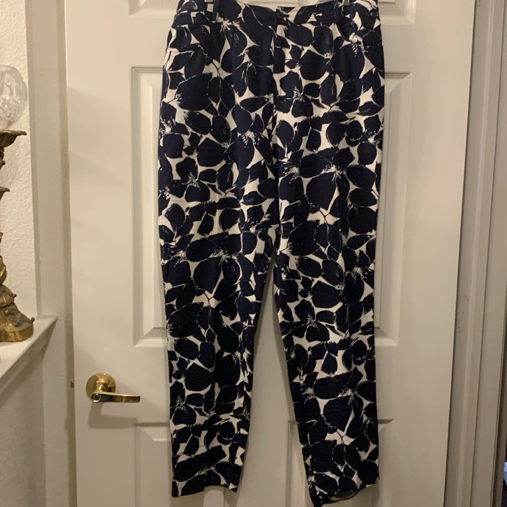 DANA BUCHMAN PANT SZ 14 NAVY/WHITE FLORAL 100%COTTON POCKETS/LOOPS FRONT ZIPPER